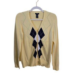Izod Vintage Butter Yellow Argyle V Neck Academia Preppy Cardigan Sweater Size L